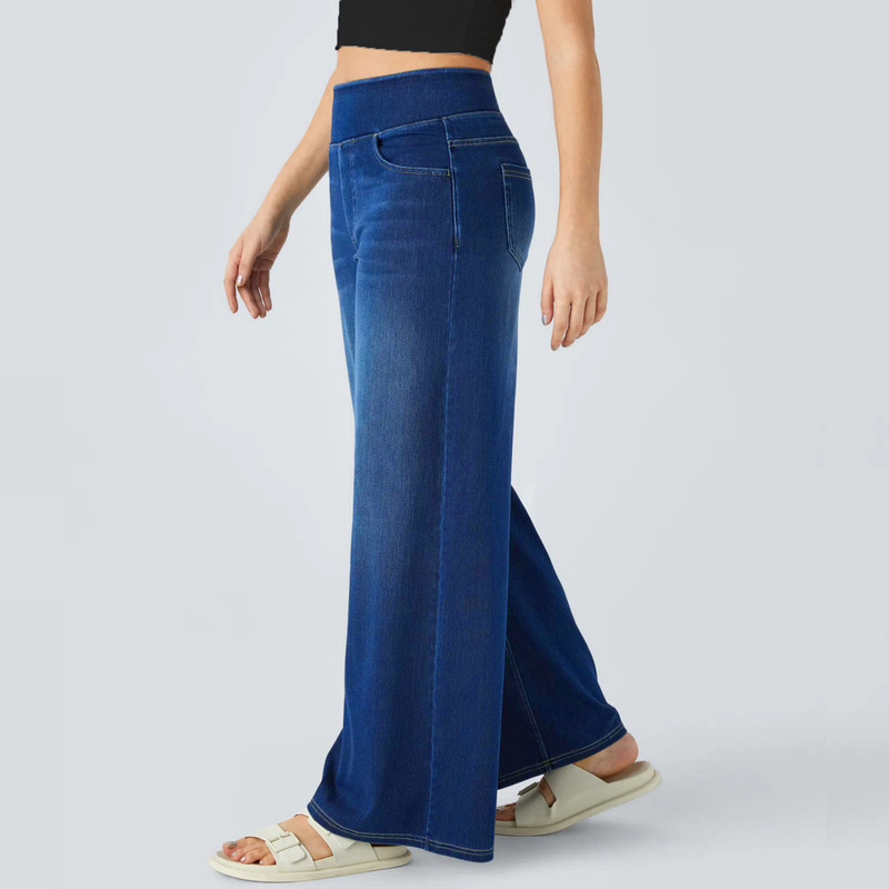 Washed Knitted High-Waisted Wide-Leg Jeans, Elastic Waist, Straight-Leg Pants, Slimming Loose Pants, Denim Pants for Women