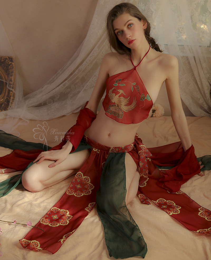 Sexy Hanfu Bellyband Nightgown Set with Shawl, Mesh Skirt and Thong — detail image 8