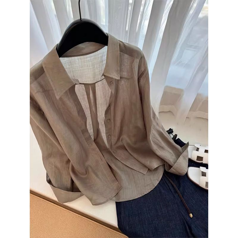 Áo sơ mi linen nữ phong cách cổ điển thiết kế rộng rãi chống nắng mùa hè — Màu cà phê khói chi tiết 3