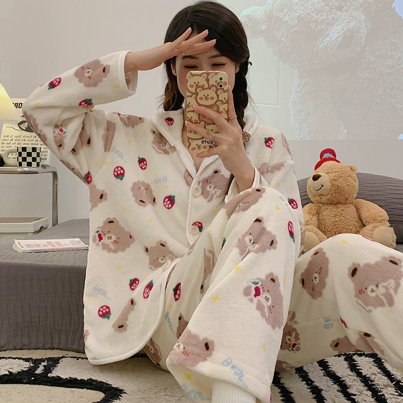 Pijamas de franela al por mayor transfronterizos de otoño y invierno para mujeres nuevas camisetas de calentamiento gruesas se pueden usar con ropa de hogar de dos piezas