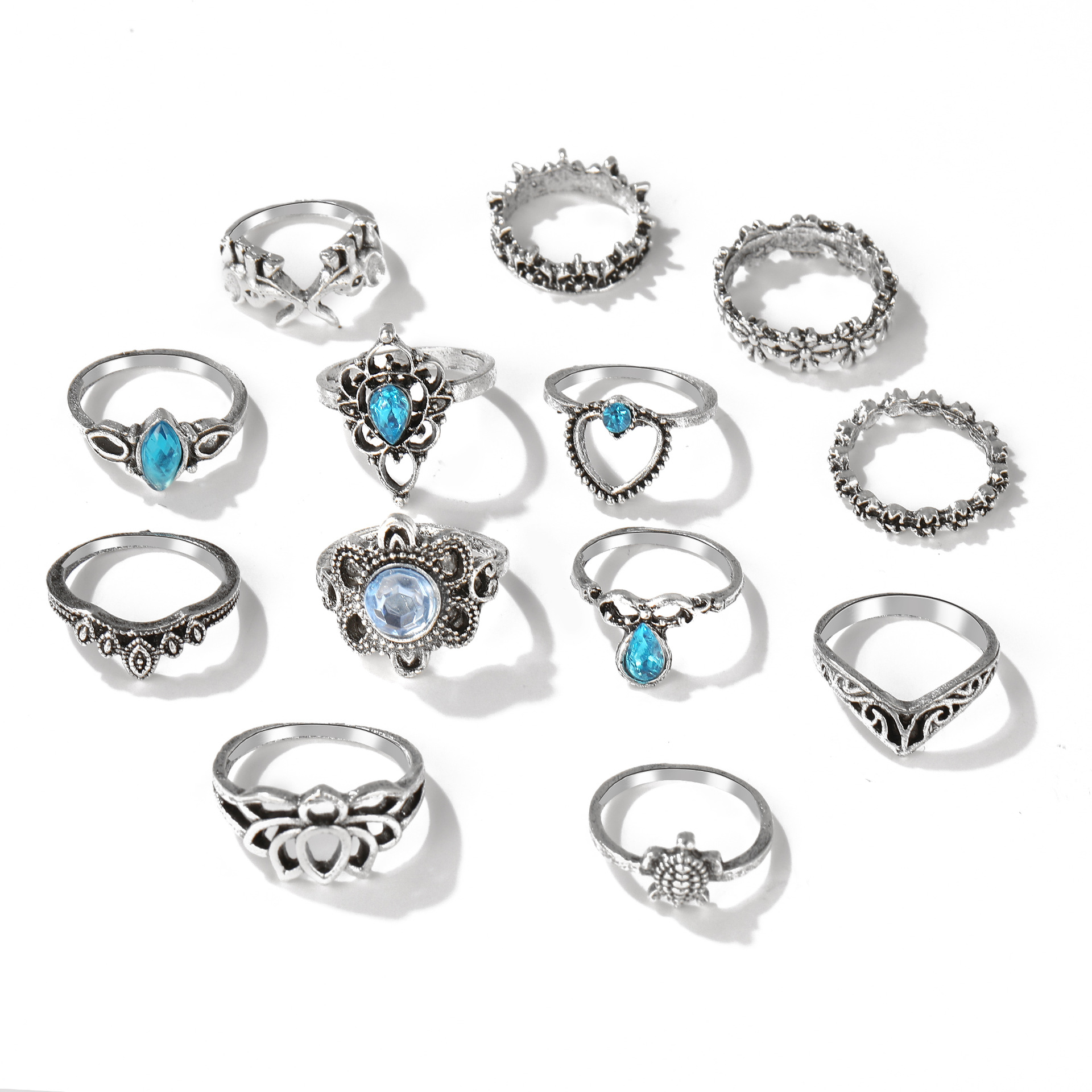 Retro Tortoise Hollow Chain Flower Ring 13-piece Set display picture 2