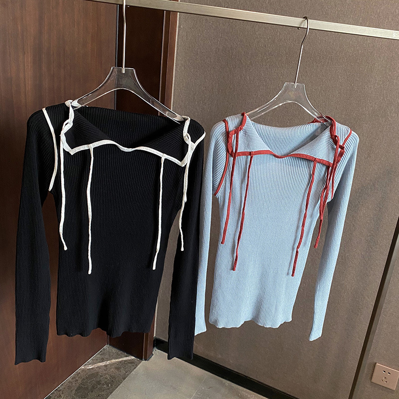 2025Ltt Early Autumn New Elegant Slim Fit Contrasting Color Versatile Rope Detail Ribbon Turtleneck Knitwear Top for Women