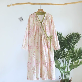 女士春夏季薄款莫奈花园纯棉纱布睡袍甜美长款睡裙浴袍家居服睡衣