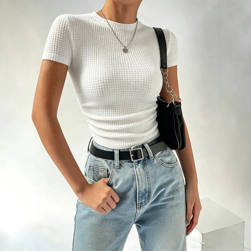 2026 Amazon European and American Cross-Border Spring and Summer New Products Aliexpress Slim Fit Versatile Pleated Round Neck Knitted Short-Sleeved Shirt