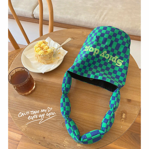 New Japanese and Korean fashionable cute dog cotton-filled shoulder strap cylinder bag simple plaid versatile mommy bag lunch box bag for women