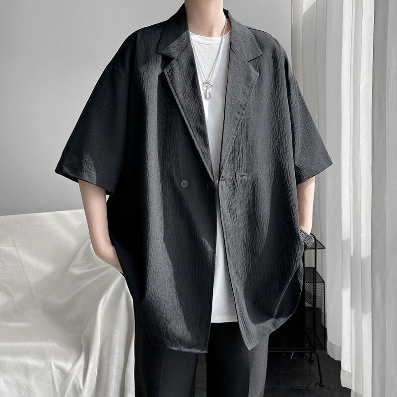 Ice Silk Crinkled Design Short-Sleeve Suit for Men, Summer Plus-Size Trendy Loose Half-Sleeve Sun Protection Jacket