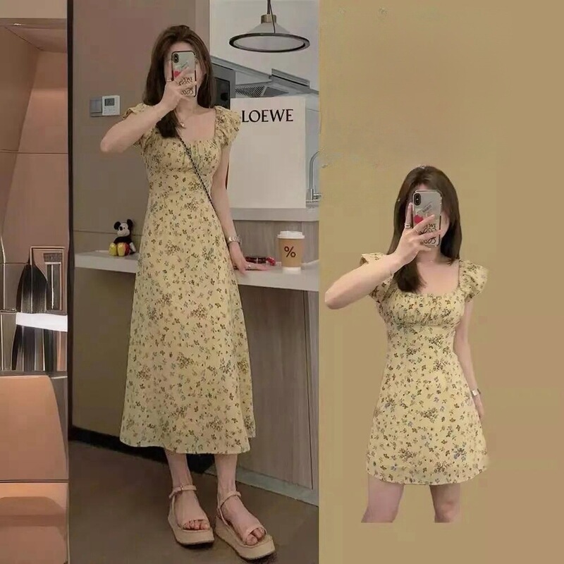2025 Primrose Yellow Summer Flower Slimming and Heightening French Square Neck Small Flutter Sleeve Elegant Gentle Floral Long Dress