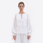 法式小众25年秋冬新款民族风刺绣流苏系带亚麻圆领宽松衬衫上衣女