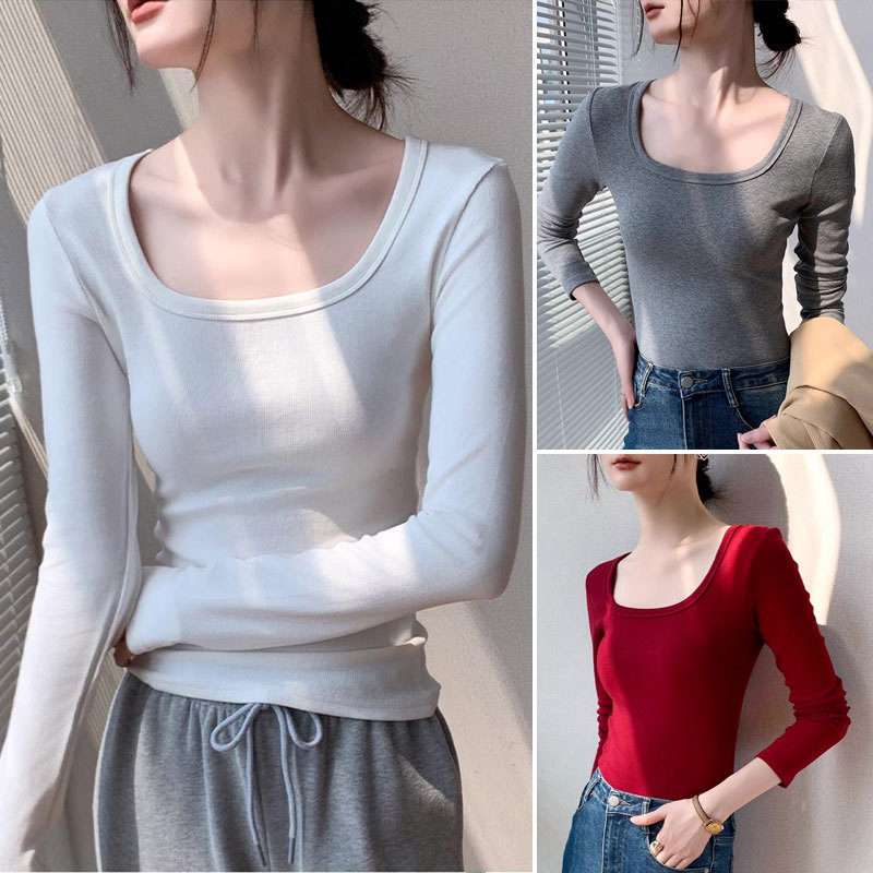 Square Collar Long-Sleeved T-Shirt for Women in Early Autumn and Winter New Style Leaking Collarbone Right Shoulder Inner Wear Outer Wear Slim Bottoming Shirt Ins Square Collar Long-Sleeved T-Shirt for Women in Early Autumn and Winter New Style Leaking Collarbone Right Shoulder Inner Wear Outer Wear Slim Bottoming Shirt Ins