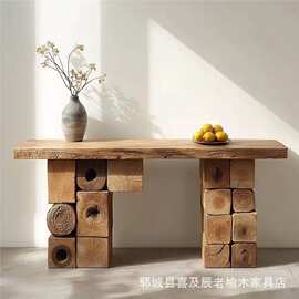 老榆木玄关桌侘寂风木墩原木板桌民宿玄关台装饰家用餐边柜中岛台