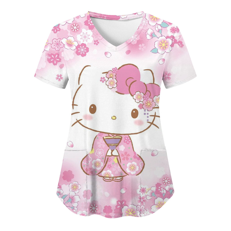 2025 Cross-Border Mid-Length Women's Nurse Uniform Short-Sleeved Hello Kitty Digital Printing European and American Hot-Selling V Neck T-Shirt