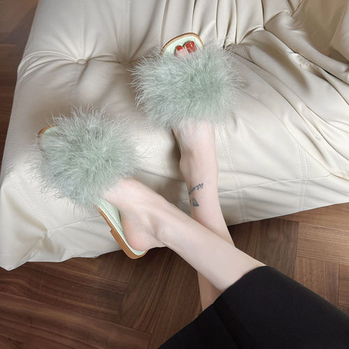 Women's Summer Outerwear Bunny Hair Fringe Sandals for Friends Social Half-Hot Trendy Slippers