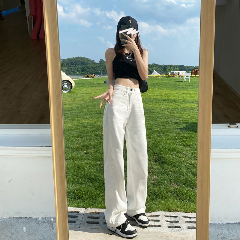 白色高腰窄版阔腿牛仔裤女春秋2025新款显瘦直筒垂感拖地长裤子|undefined