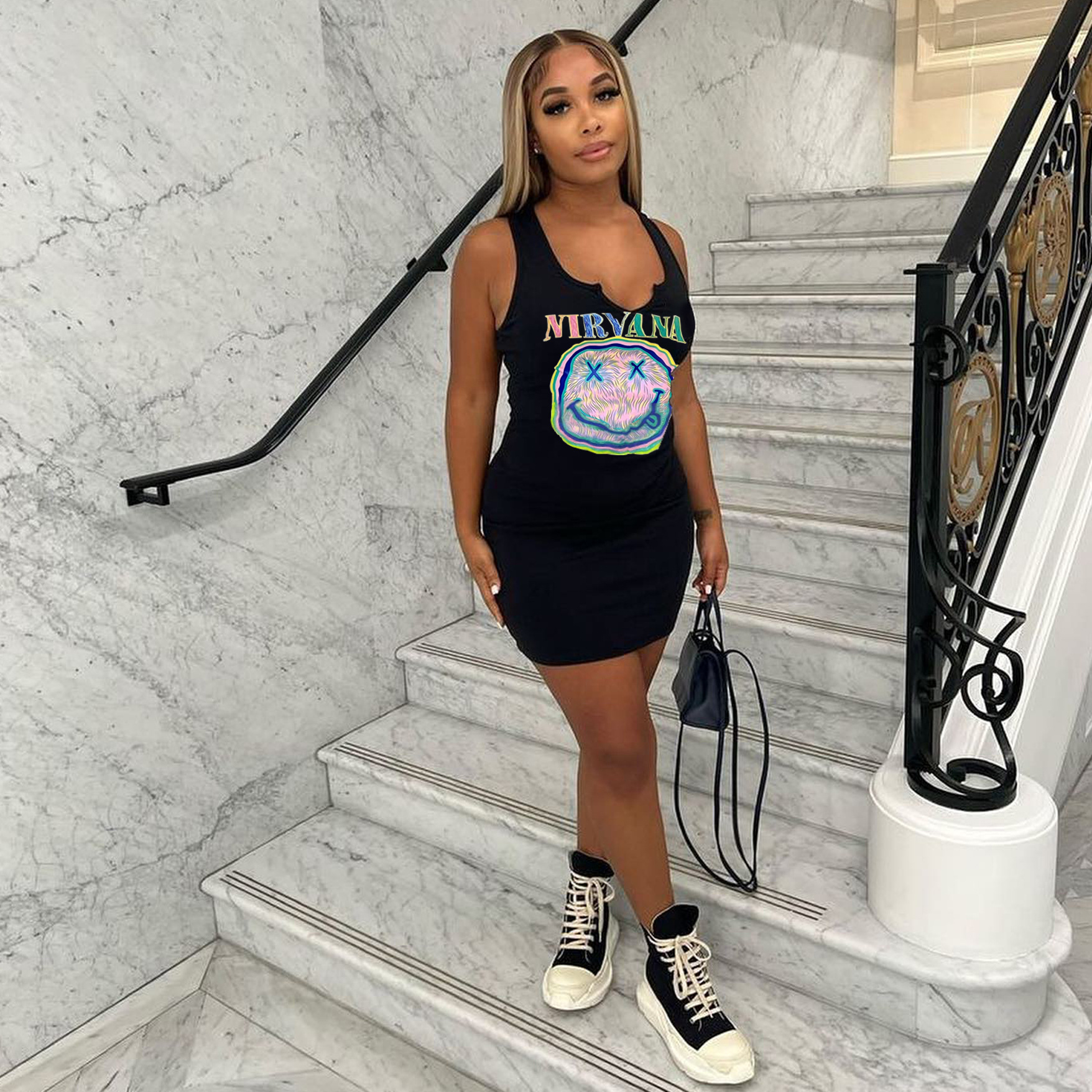 Women's Clothing Smiley Face Print Vest Dress For Women European American Style Front Back Heat Transfer Print Elastic Fabric_ecoleips.com