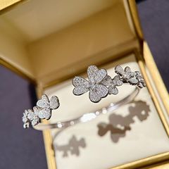 S925純銀クローバー満ドリルブレスレット繁華七輪花開口ブレスレット軽豪華名媛高級感重厚感