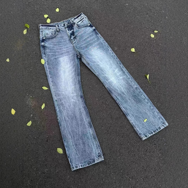 Lightning Ripple Ice Blue Denim Must-Have Heavy-Duty Washed Bamboo Straight-Leg Jeans