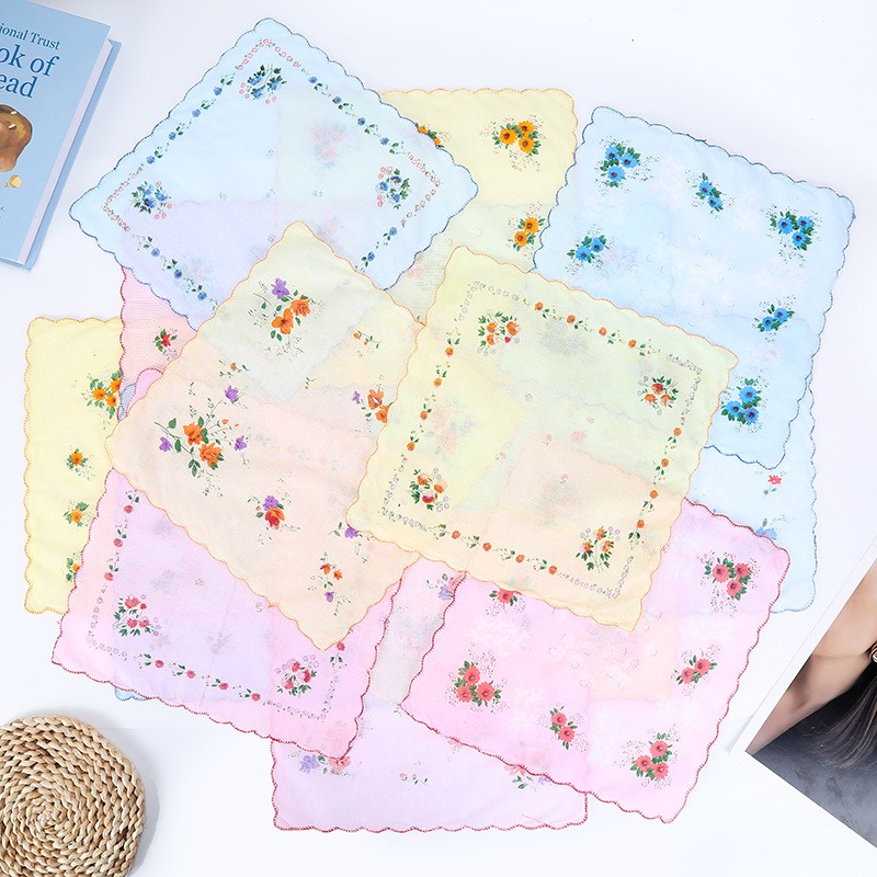 Cross-Border Popular Item: Women's Crescent-Edged Pure Cotton Thin Handkerchief with Small Floral Design, Wedding Souvenir Gift