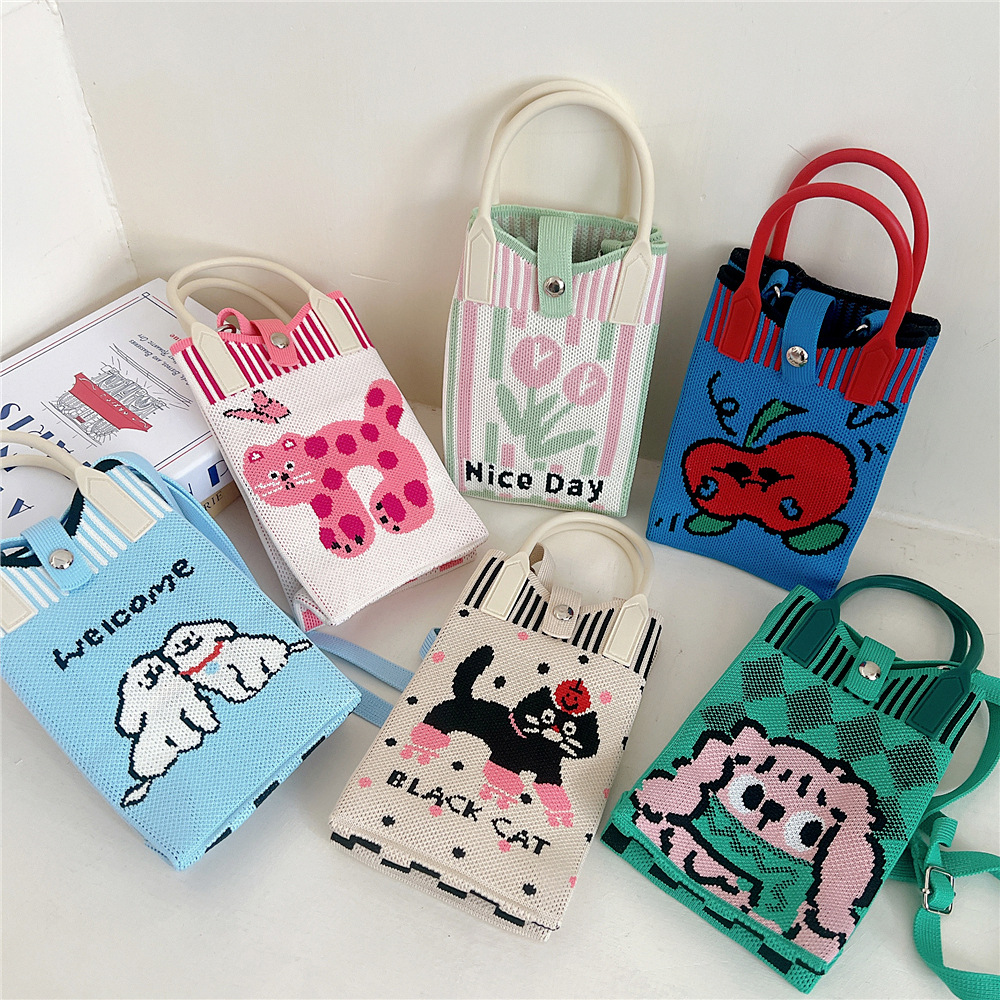 108g Weight Polyester Lining Material Buckle Closure Type Top Handle Strap Type Handbag Bags Type Casual, Daily Occasion Knit Material Cat Pattern All Seasons Season Women's Gender Vintage Style, Classic Style Style Bucket Shape Small Size Women's Small Knit Cat Vintage Style Classic Style Bucket Buckle Handbag 4