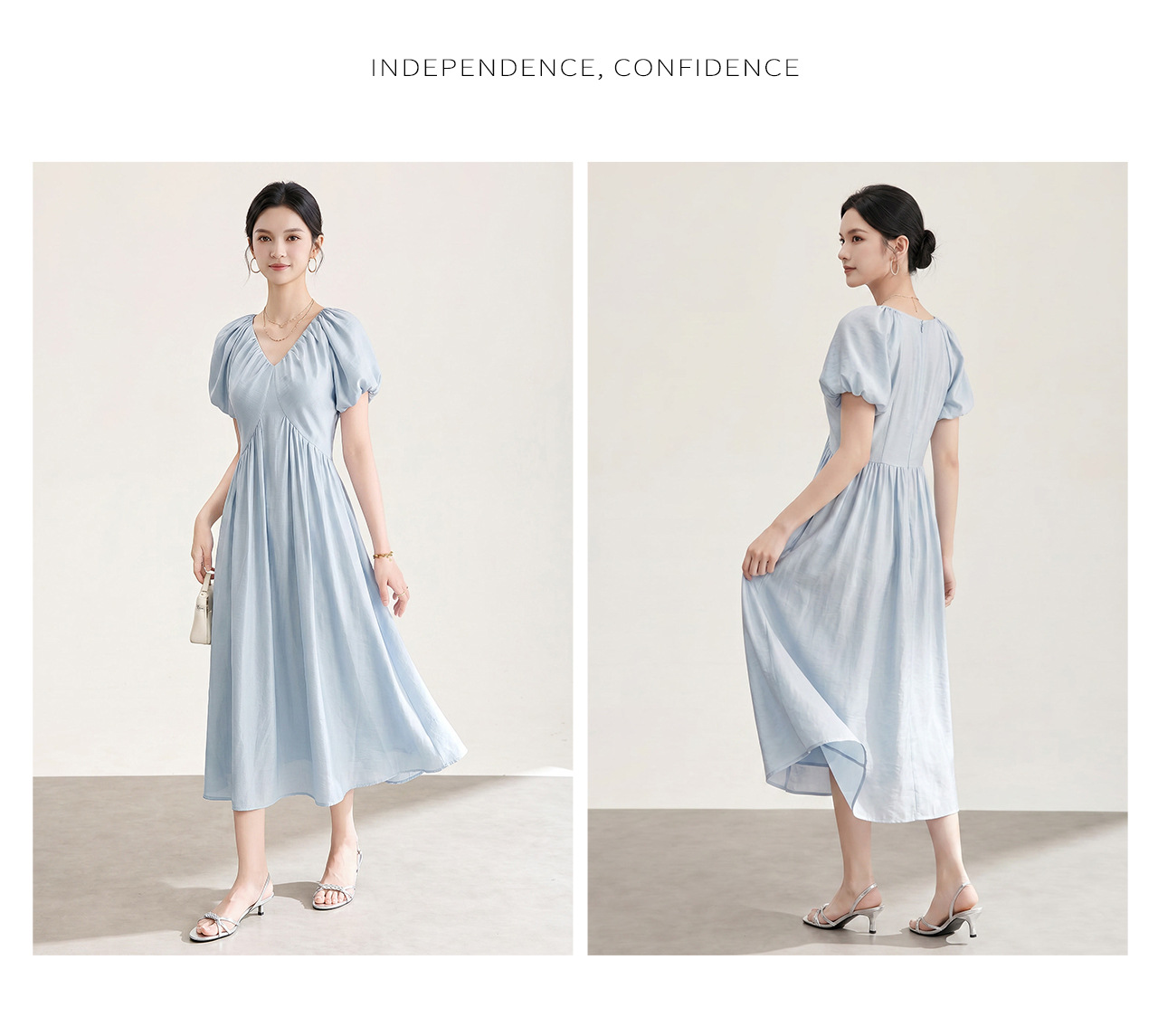 Đầm suông midi tay bồng cổ V xếp ly cho nữ — màu xanh navy chi tiết 13