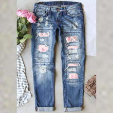 2023工厂直销欧美跨境新款时尚印花破洞中腰直筒女装牛仔裤