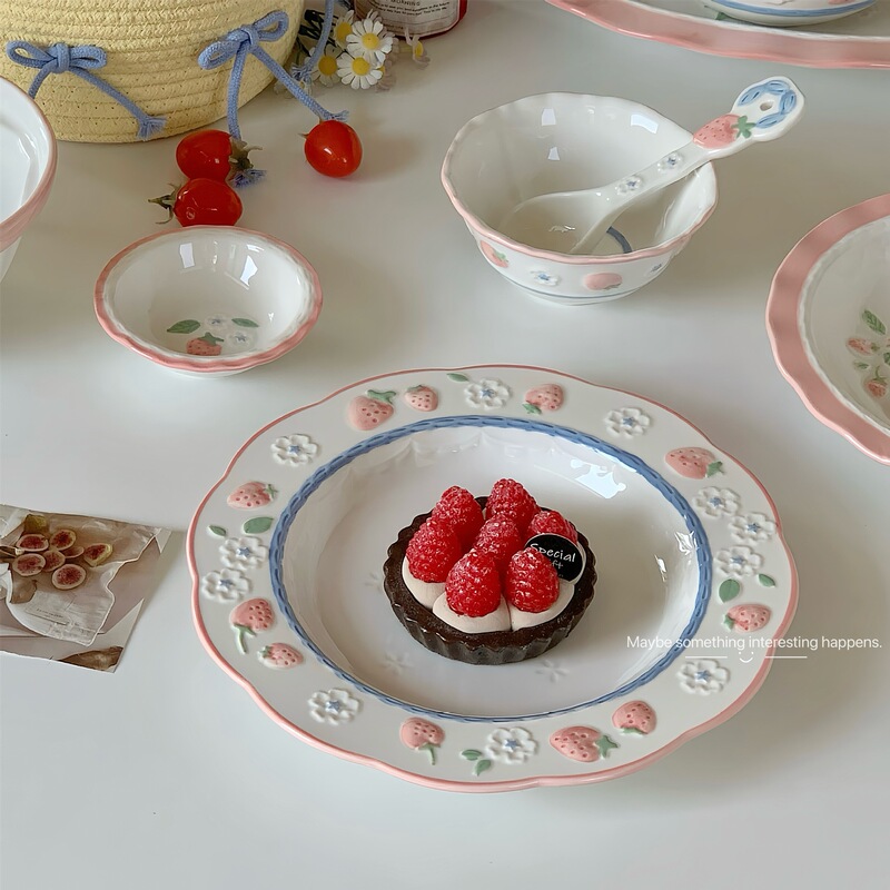 Underglaze Color Ceramic Tableware Household Bowls and Dishes suit Internet Celebrity Plate Ins Style High Color Value Dessert Plate Breakfast Plate