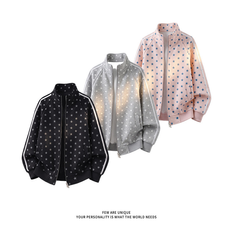 2026 Fall New American Style Trendy Brand Striped Stand Collar Sweatshirt with Star Pattern for Teenagers Casual Sports Jacket 2026 Fall New American Style Trendy Brand Striped Stand Collar Sweatshirt with Star Pattern for Teenagers Casual Sports Jacket