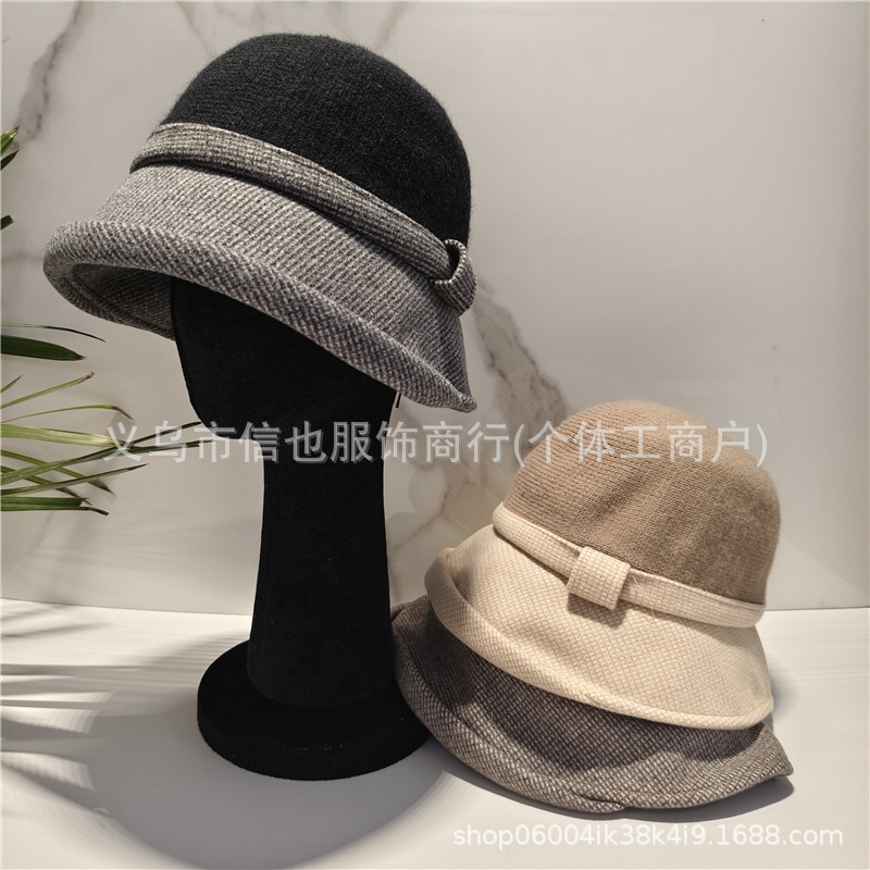 新款毛呢拼接帽子秋冬韩版英伦复古呢子加绒渔夫帽圆顶大檐礼帽女|undefined