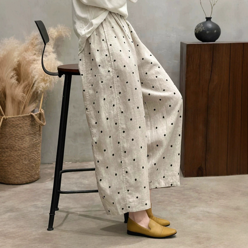 Cotton-linen polka dot fashion artistic straight-leg pants for women, new autumn-summer style, loose casual versatile wide-leg cropped pants for women Cotton-linen polka dot fashion artistic straight-leg pants for women, new autumn-summer style, loose casual versatile wide-leg cropped pants for women