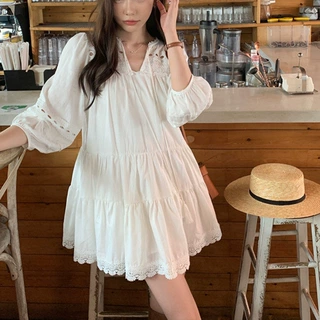 法式白色泡泡袖衬衫连衣裙女2025新款春夏小个子云南旅游穿搭裙子