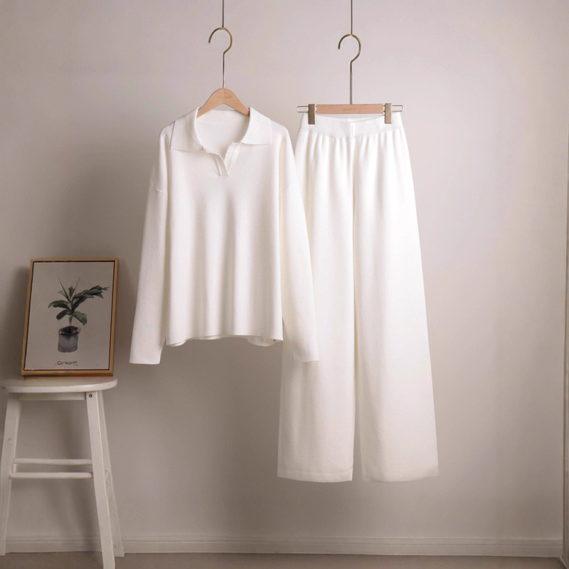 Aloyoga Original European and American Autumn and Winter Knitted Sweater Suit Polo Collar Wide-Leg Pants Two-Piece Sweater Suit