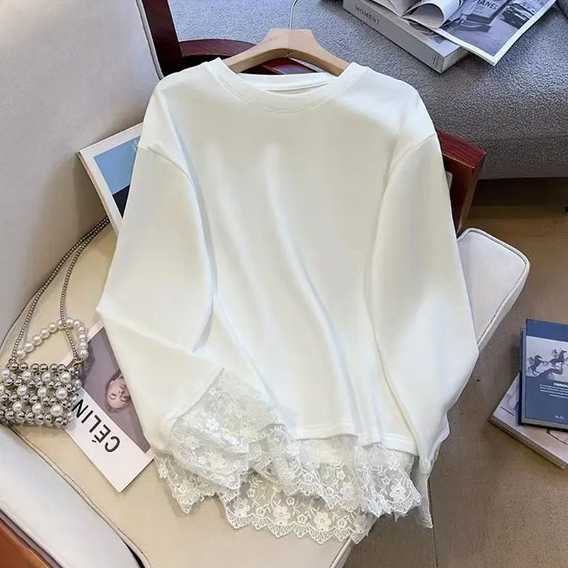 Lace Splicing White Mid-Length Fashionable Long-Sleeved T-Shirt for Women in Autumn and Winter Fat mm Fashionable Inner Top Lace Splicing White Mid-Length Fashionable Long-Sleeved T-Shirt for Women in Autumn and Winter Fat mm Fashionable Inner Top