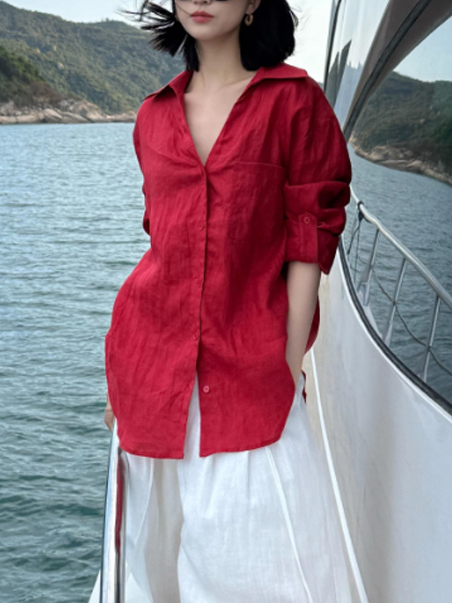 Áo sơ mi nữ linen tay ngắn phong cách nghỉ mát, thiết kế chống nắng thoải mái — màu đỏ chi tiết 1
