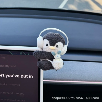 Plush Doll Car Dashboard Car ornaments - penguin-white-headphones-white-backpack