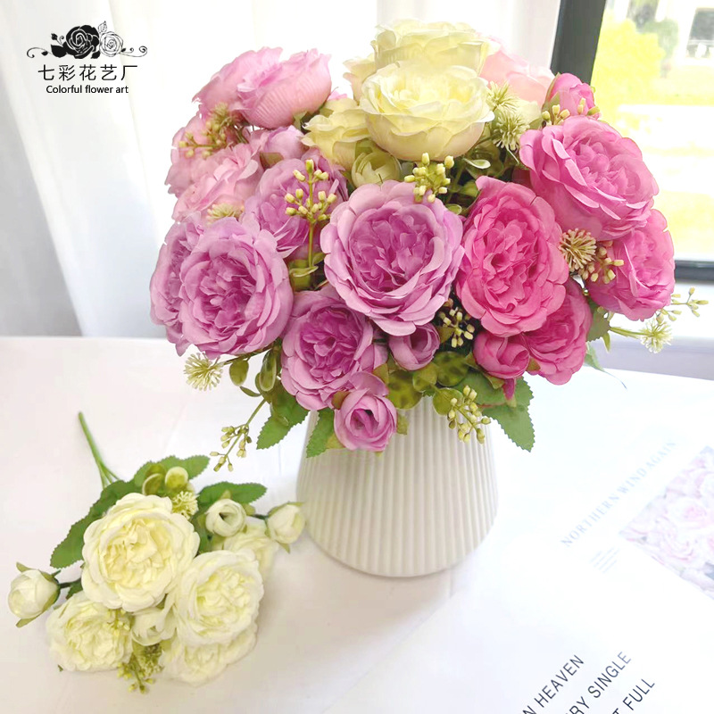 Spring Color 9-Head Ocean Peony Spring Color Core Peony Artificial Flower Fake Flower Wedding Decoration Artificial Persian Rose
