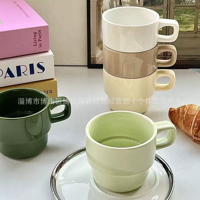 高级感日式叠叠水杯套装复古咖啡马克杯子牛奶陶瓷杯罗印刷logo