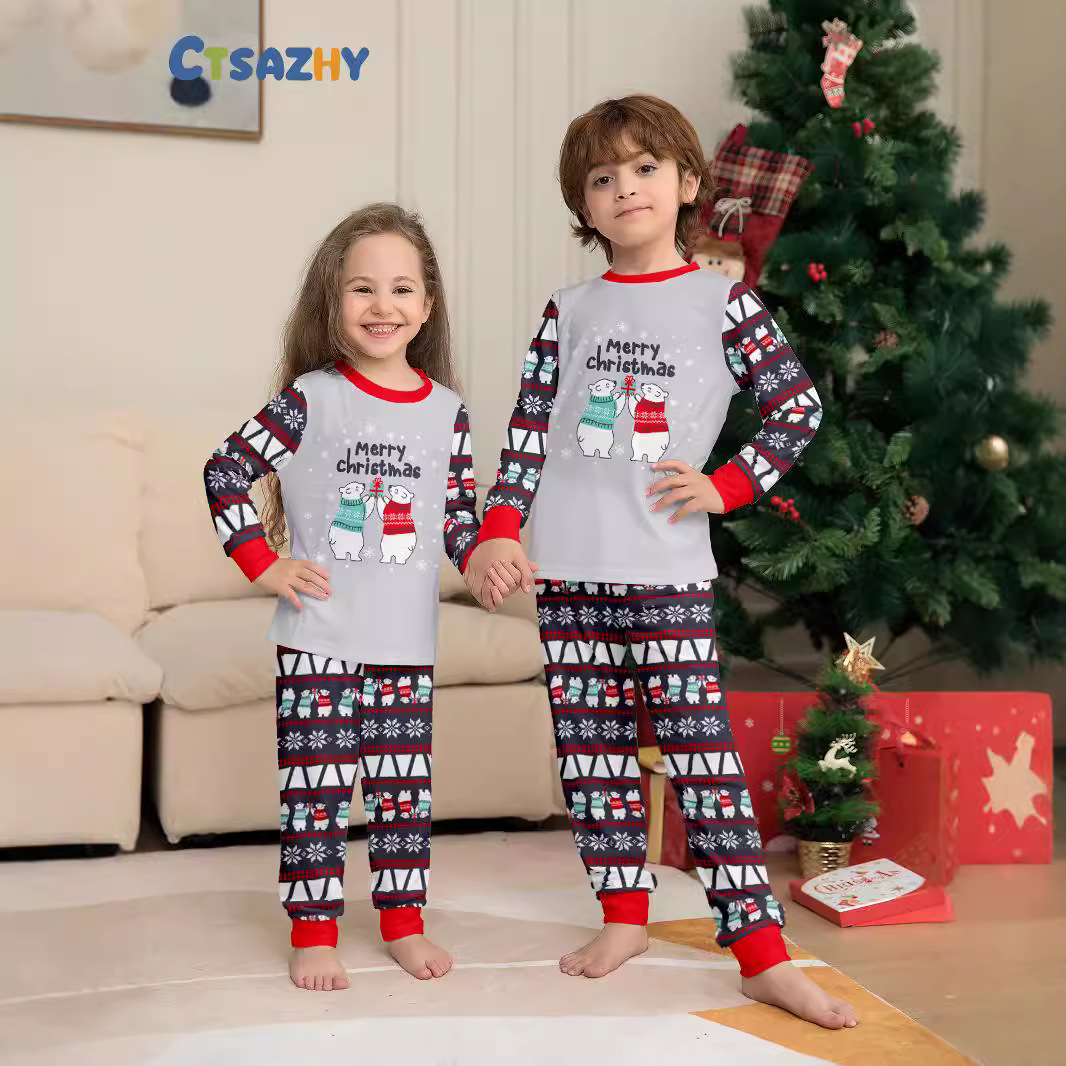 Letras de floco de neve de urso de natal terno de família de natal impresso vestido de casa pijama_voghion.com