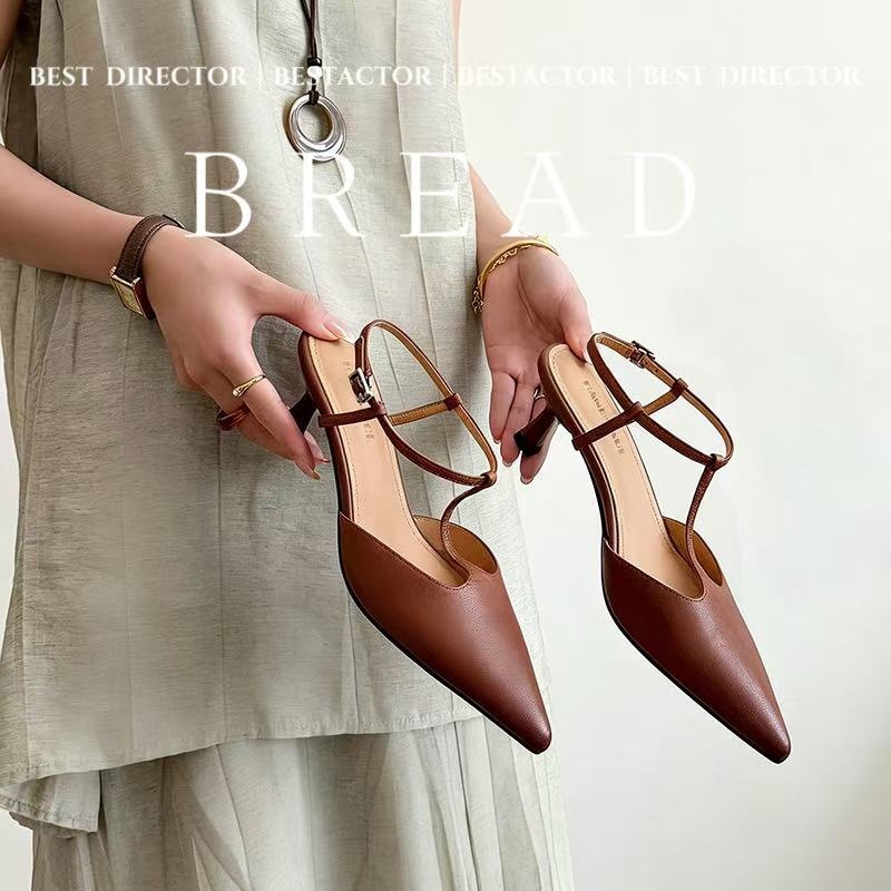 Sandal cao gót nữ mũi nhọn quai chữ T hở gót, da cừu, gót 5 cm — màu nâu chi tiết 6