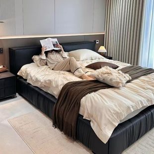 Italian-Style Light Luxury Leather Bed, Modern Minimalist Double 1.8m Bed, Genuine Leather Bed, Industrial Style Modern Nordic Storage Wedding Bed