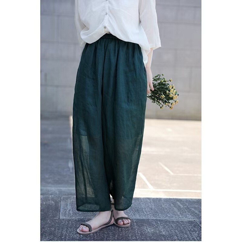 Summer Style Black Ultra-Thin Breathable Ramie Elastic Waist Loose Double-Layer Wide-Leg Cropped Pants Summer Style Black Ultra-Thin Breathable Ramie Elastic Waist Loose Double-Layer Wide-Leg Cropped Pants