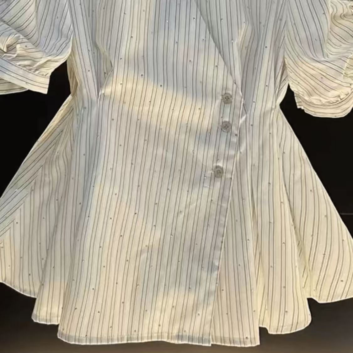 Women's Clothing Polo Collar Striped Short Sleeved Shirt For Women Summer Waist Slimming Fashion Temperament Skirt Tops For Women_ecoleips.com