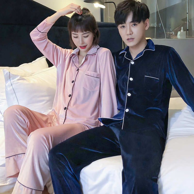 Coreano terciopelo pareja pijamas de las mujeres Otoño e Invierno de manga larga cardigan oro terciopelo cardigan simple ropa de hogar traje de los hombres más el tamaño
