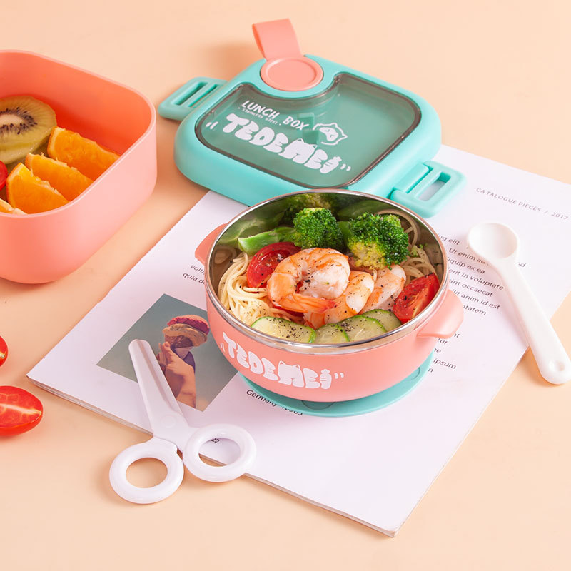 Baby food supplement bowl cute baby insulated stainless steel children's outdoor bowl lunch box lunch box anti-scald tableware suit