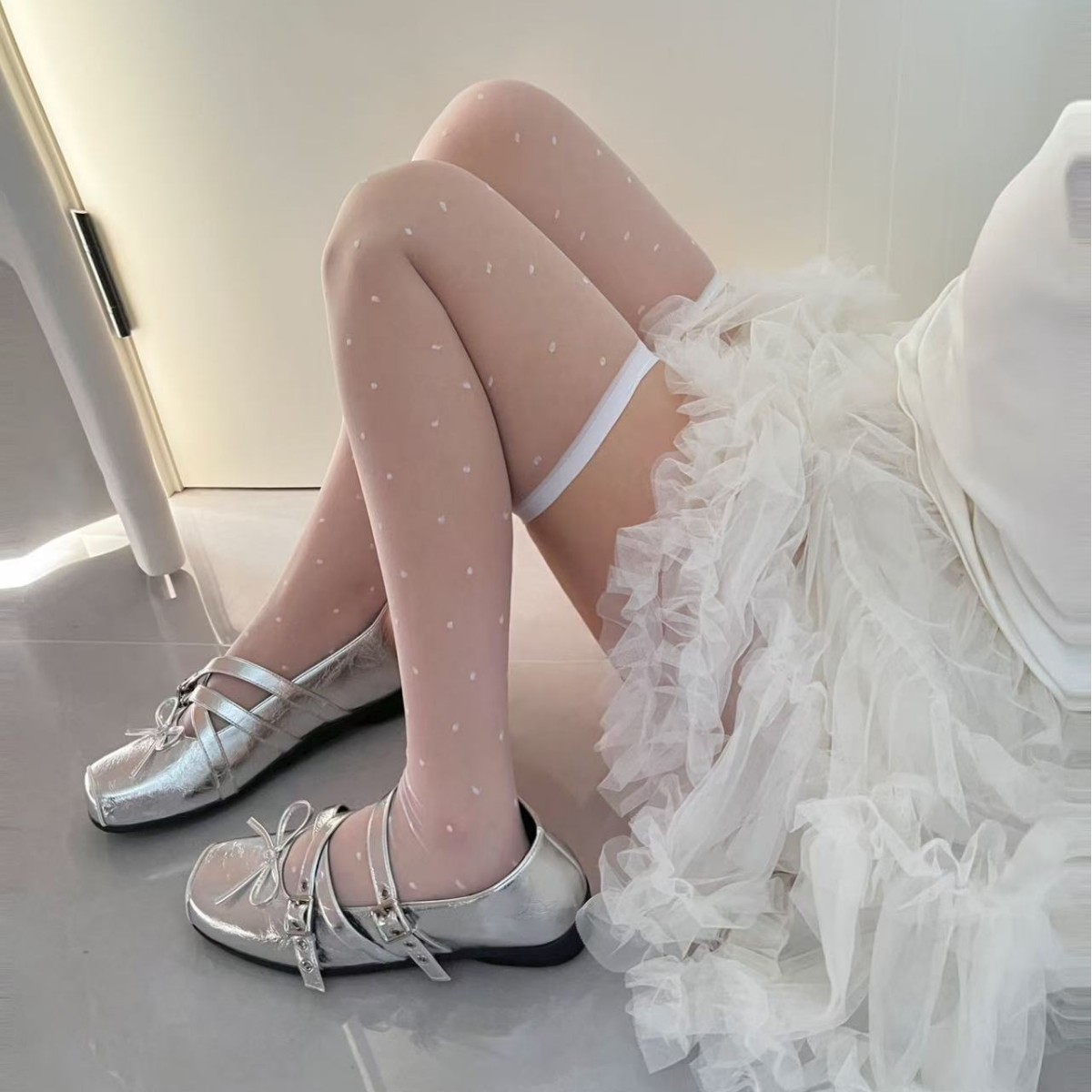 Japanese-Style Jk25 Autumn Over-The-Knee Socks with Heart Polka Dot Stockings, Core-Spun Silk, Black Sexy Pure Desire Style Long Sheer Polka Dot