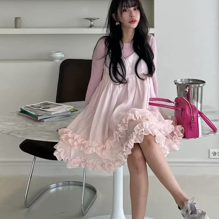 Южная Корея Dongdaemun 2025 весна и лето новый сладкий двойной грибок кружевное сшитое свободное платье