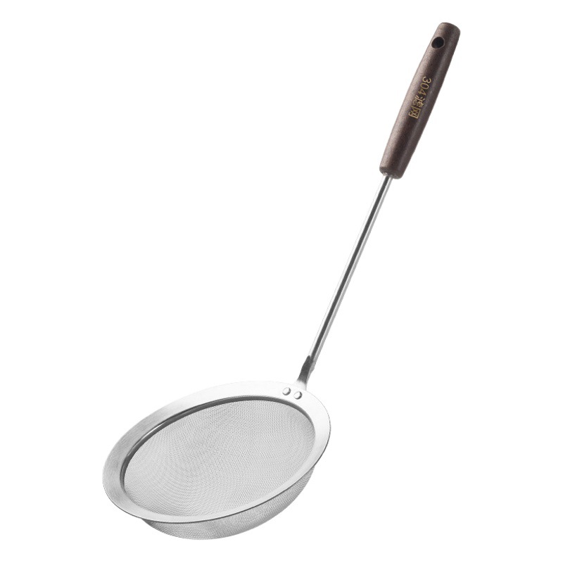 304 colador de acero inoxidable mango de madera malla densa tamiz de aceite cuchara de aceite frito sopa de aceite separación leche de soja olla caliente cuchara de espuma
