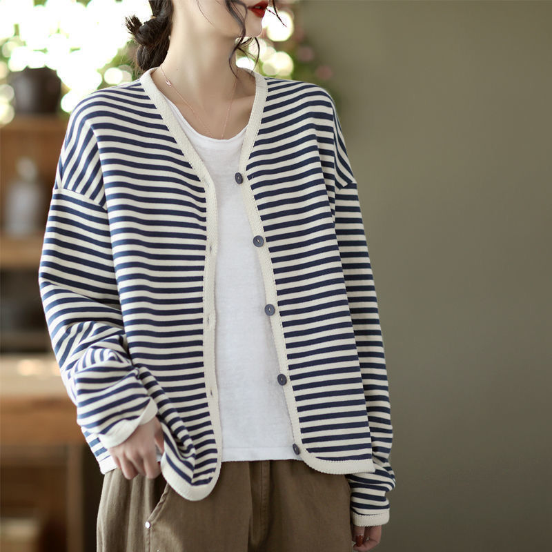 Early Autumn New Striped Webbing Hem Single-Breasted Women's Long-Sleeve Short Jacket Cross-Border Foreign Trade Women's Wholesale Top