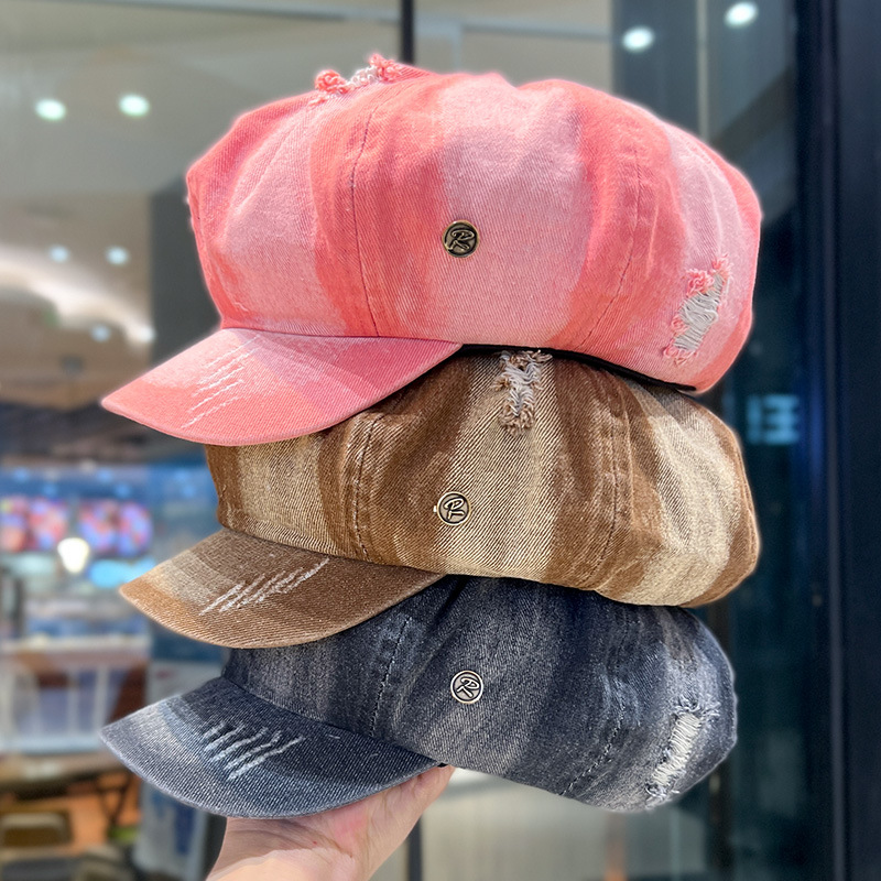 Retro lavado con agua vaquero sombrero de ocho ángulos para mujeres, boina de nube, agujero de moda, sombrero de lengua de pato