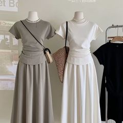 2025韓国風プリーツピンチウエスト半袖Tシャツ気質痩身Aラインスカートツーピースファッションスーツ女性夏用