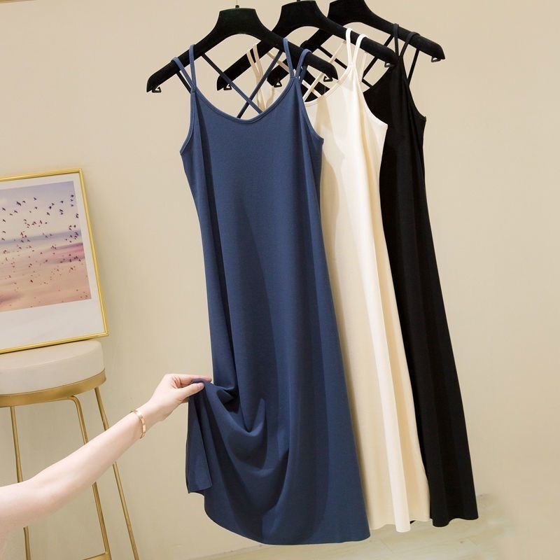 Ice Silk Thread Mid-length Back Cross Suspender Dress Women's Loose Outer Wear Bottoming Camisole Pajama Dress