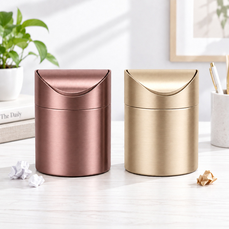 Golden Desktop Trash Bin 304 Stainless Steel Creative Storage Tube Light Luxury Trash Bin with Lid Mini small size Trash Bin